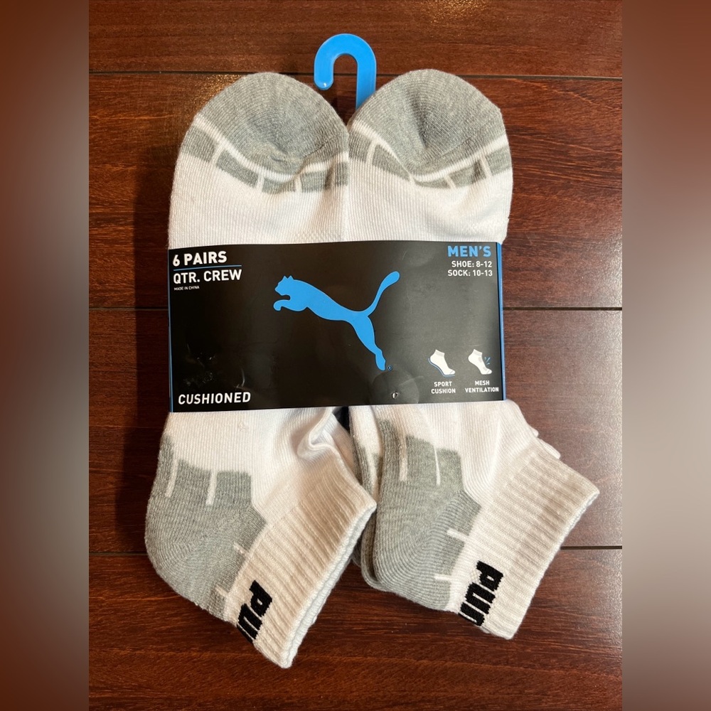 6-Pack Puma Quarter Crew Cushion Socks Mens Shoe Size 8-12 White Gray New Pairs